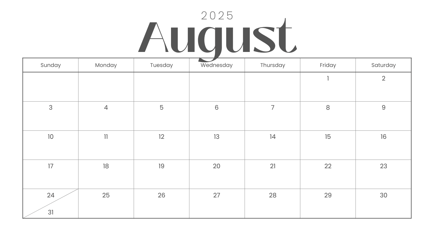 August Calendar 2025 Printable PDF